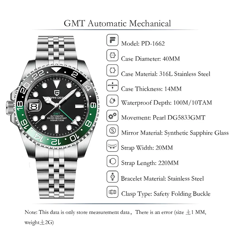 Pagani Design GMT-Master Sprite Automatic Black Dial Men's Watch | PD-1662